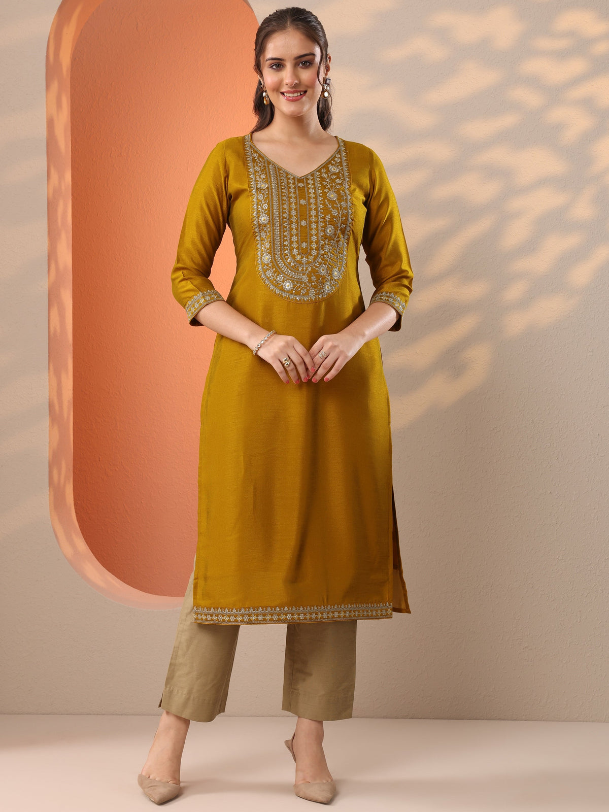 Libas Mustard Embroidered Silk Blend Straight Kurta