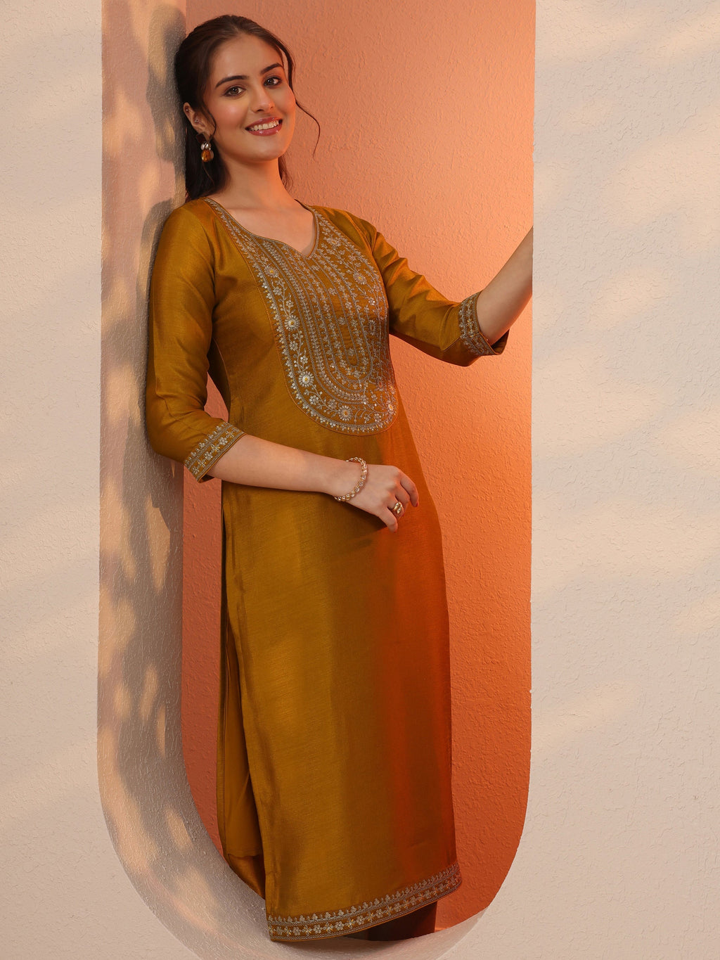 Libas Mustard Embroidered Silk Blend Straight Kurta