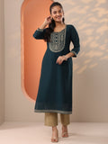 Gerua Teal Embroidered Silk Blend Straight Kurta