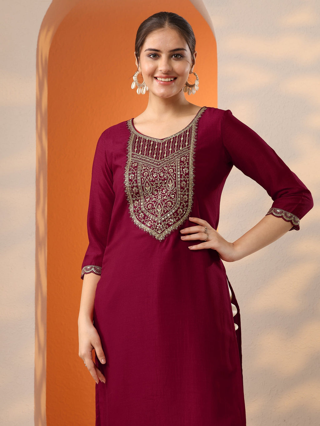 Gerua Pink Embroidered Silk Blend Straight Kurta