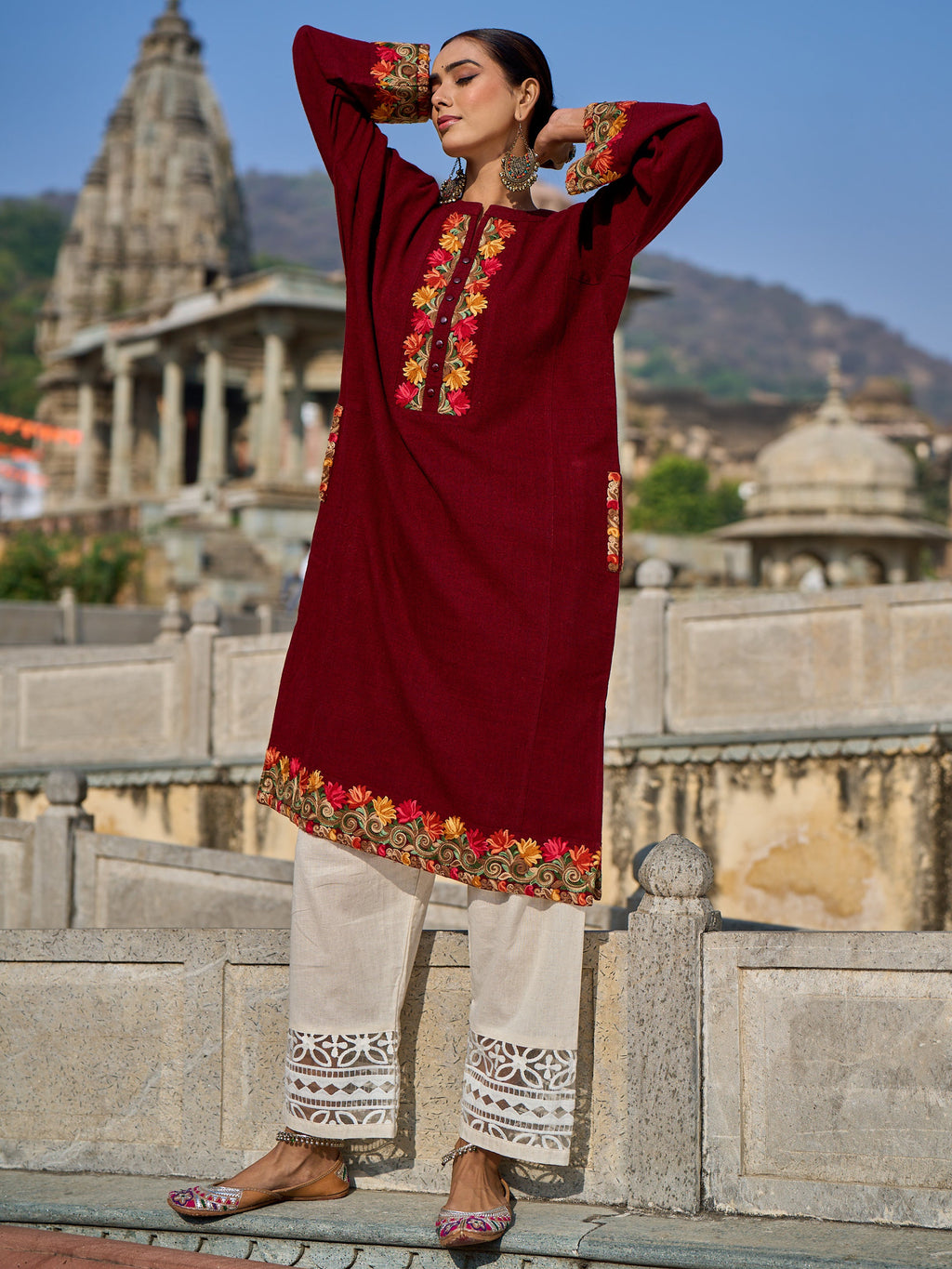 Libas Maroon Floral Embroidered Wool Straight Kurta
