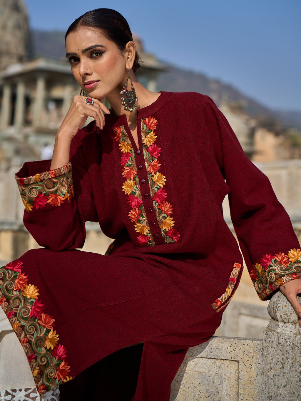 Libas Maroon Floral Embroidered Wool Straight Kurta