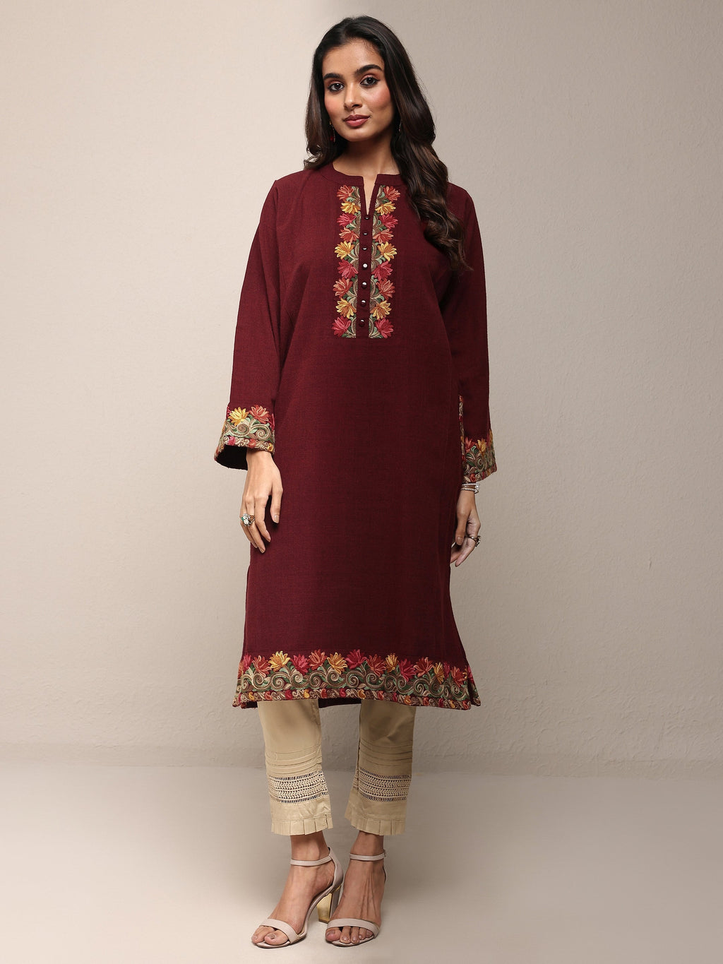 Libas Maroon Floral Embroidered Wool Straight Kurta
