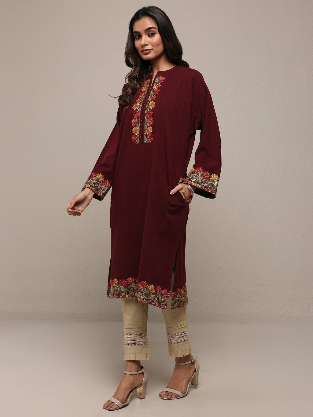 Libas Maroon Floral Embroidered Wool Straight Kurta