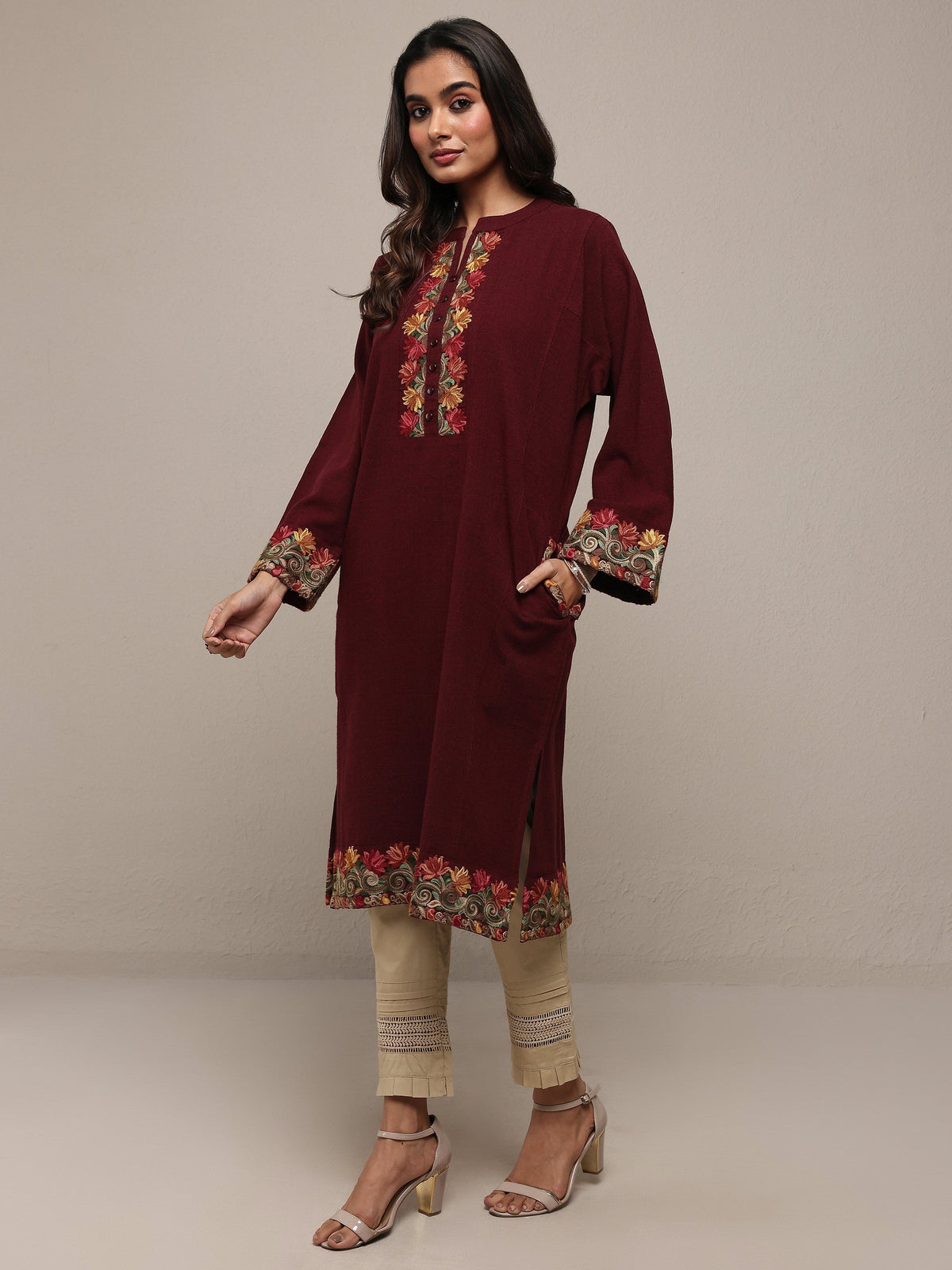 Libas Maroon Floral Embroidered Wool Straight Kurta