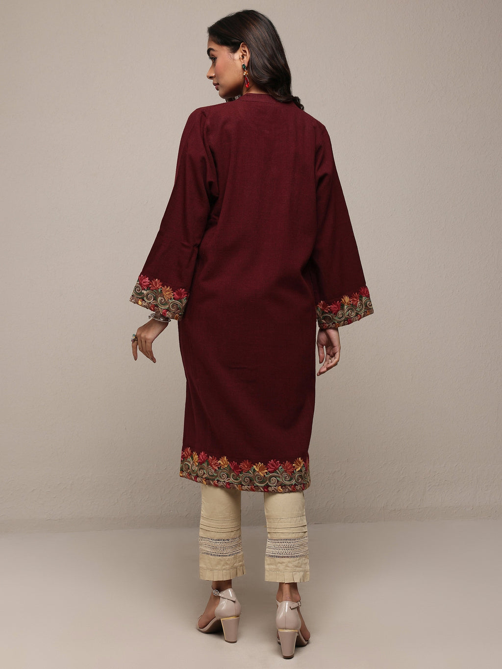 Libas Maroon Floral Embroidered Wool Straight Kurta