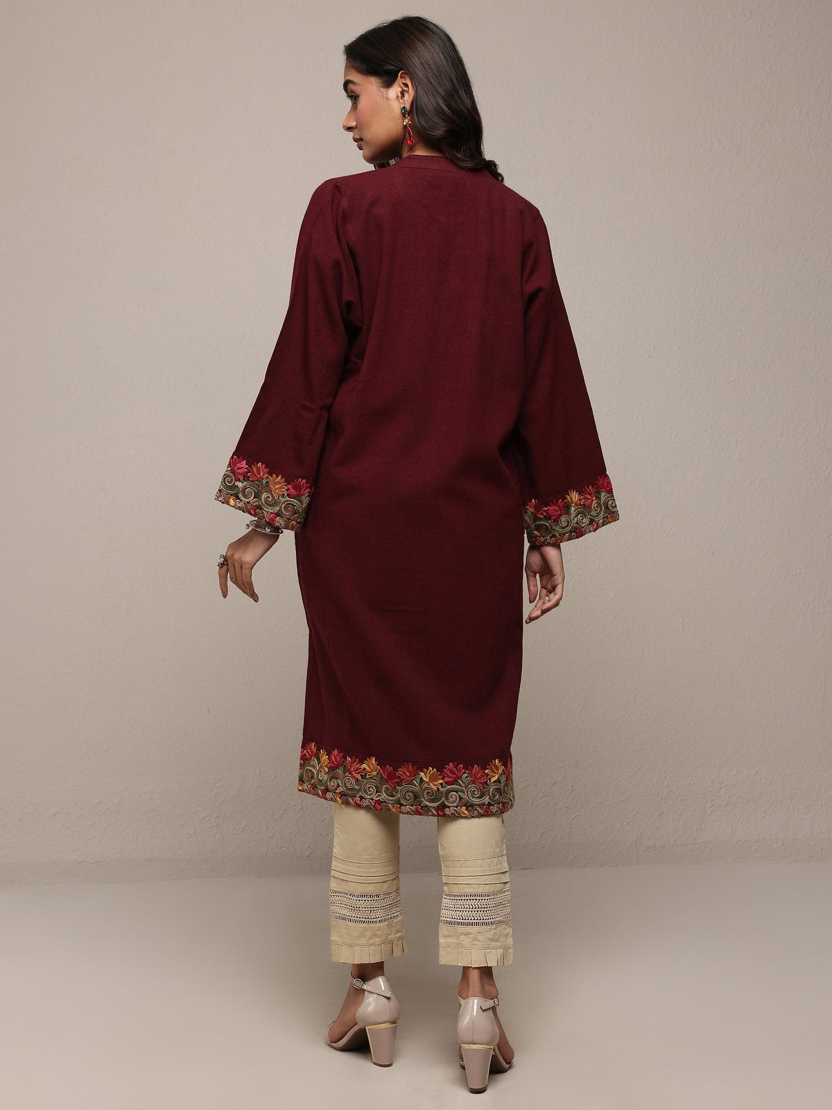 Libas Maroon Floral Embroidered Wool Straight Kurta