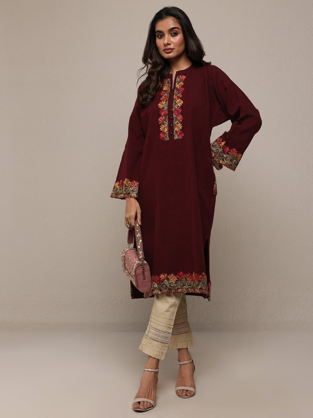Libas Maroon Floral Embroidered Wool Straight Kurta
