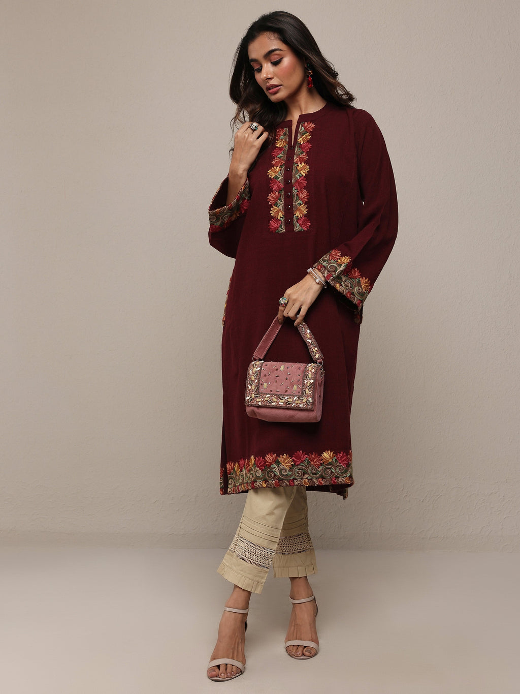 Libas Maroon Floral Embroidered Wool Straight Kurta