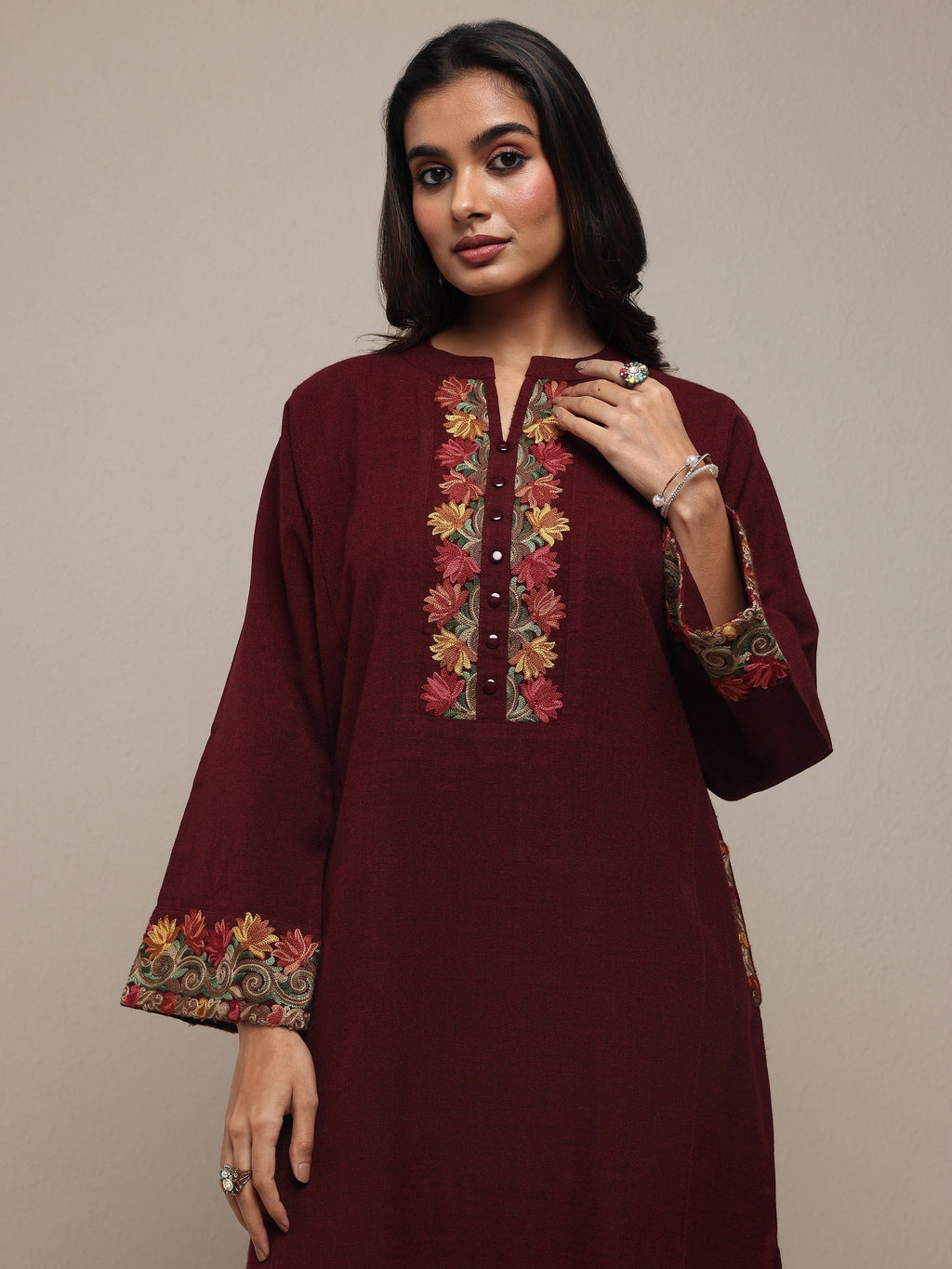 Libas Maroon Floral Embroidered Wool Straight Kurta