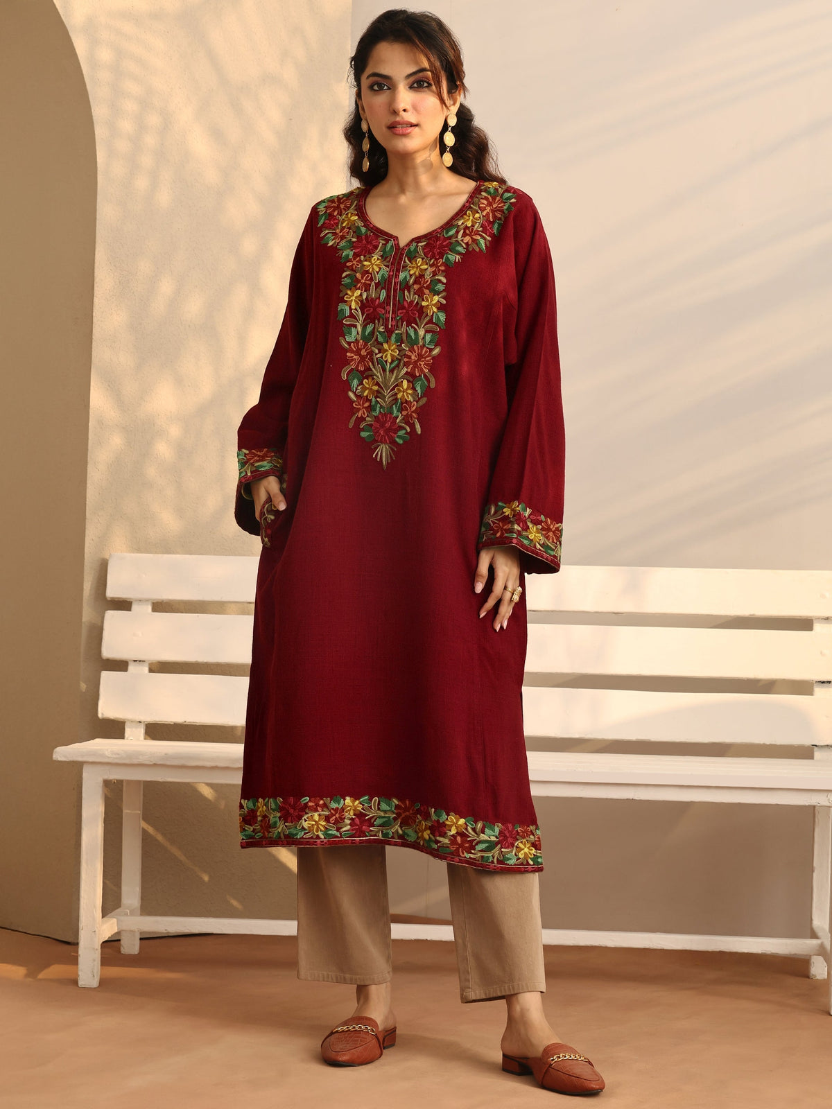 Libas Red Embroidered Wool Straight Kurta