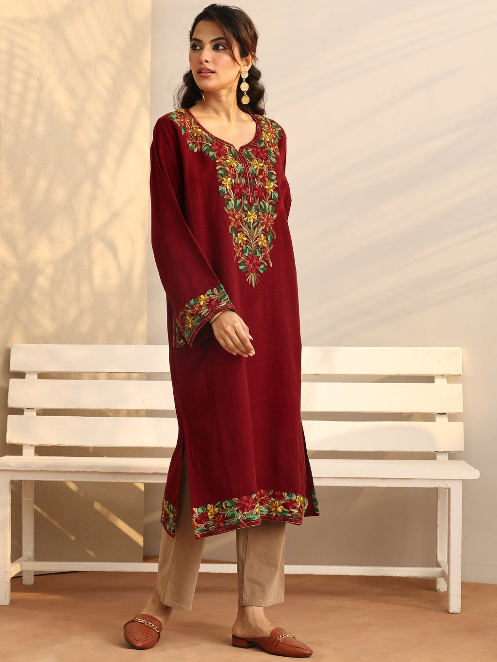 Libas Red Embroidered Wool Straight Kurta