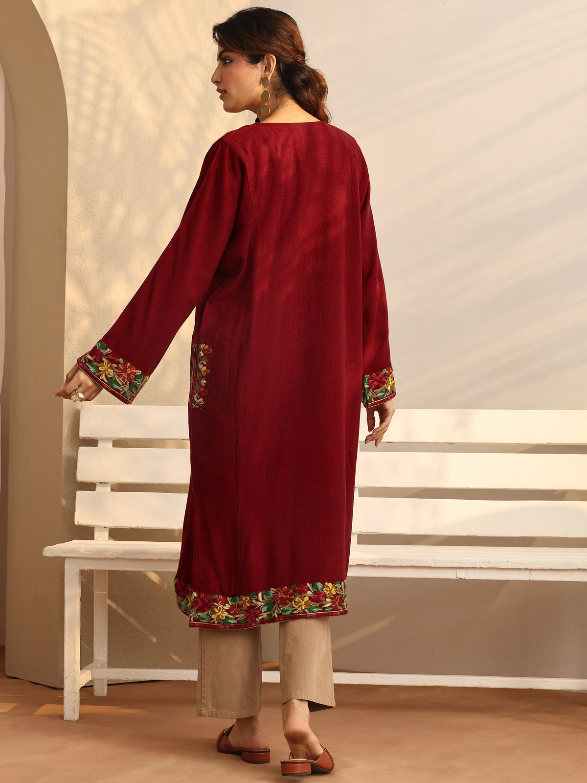 Libas Red Embroidered Wool Straight Kurta
