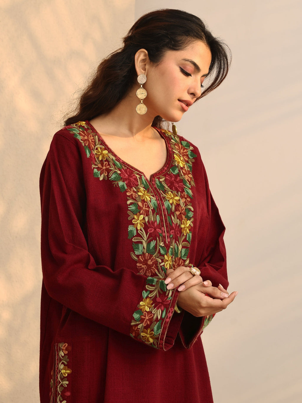 Libas Red Embroidered Wool Straight Kurta