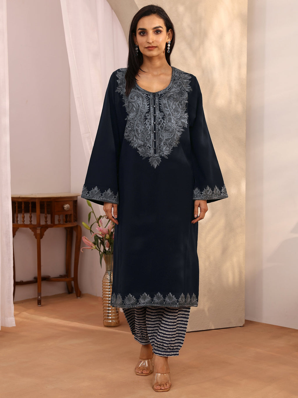 Libas Navy Blue Embroidered Wool Straight Kurta