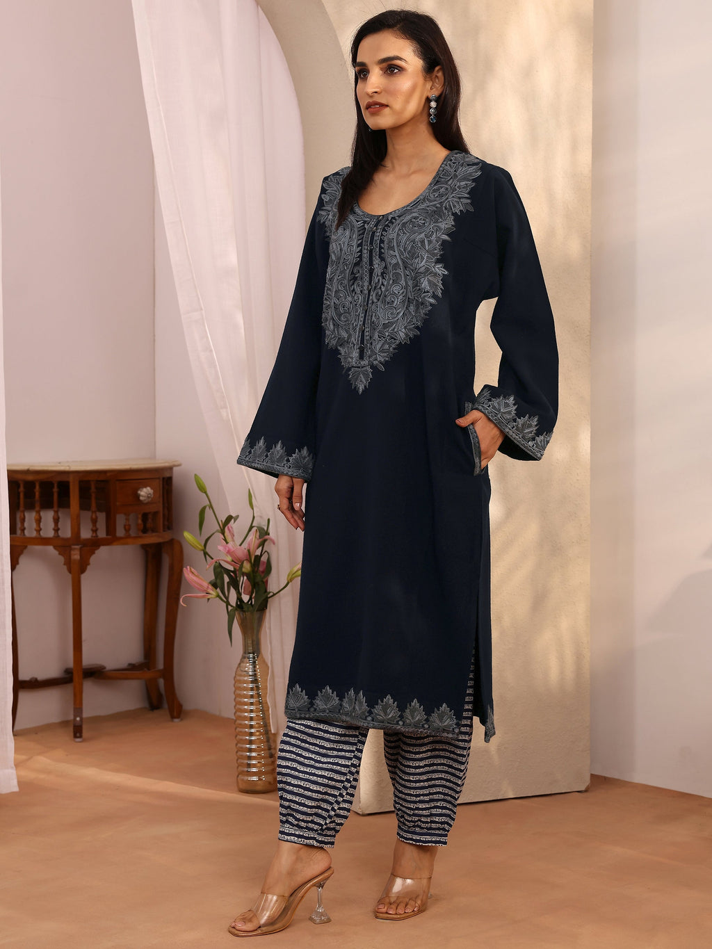 Libas Navy Blue Embroidered Wool Straight Kurta