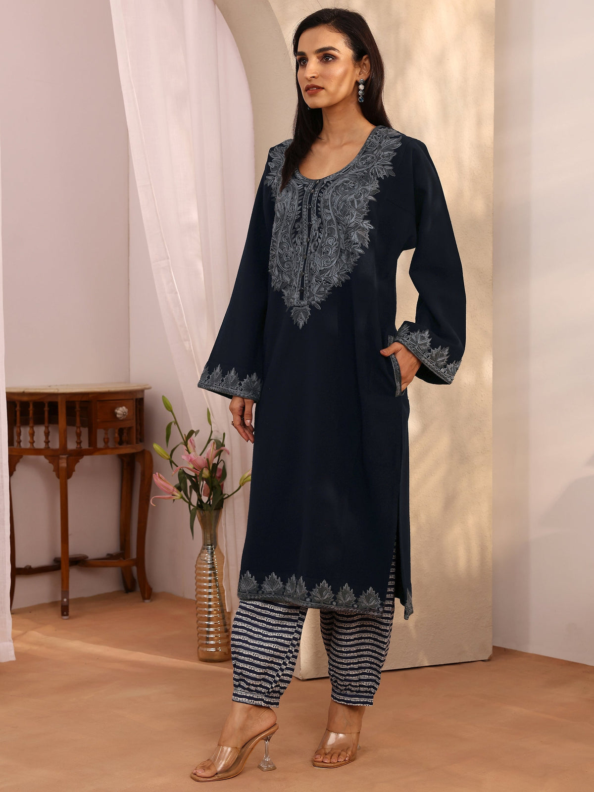 Libas Navy Blue Embroidered Wool Straight Kurta