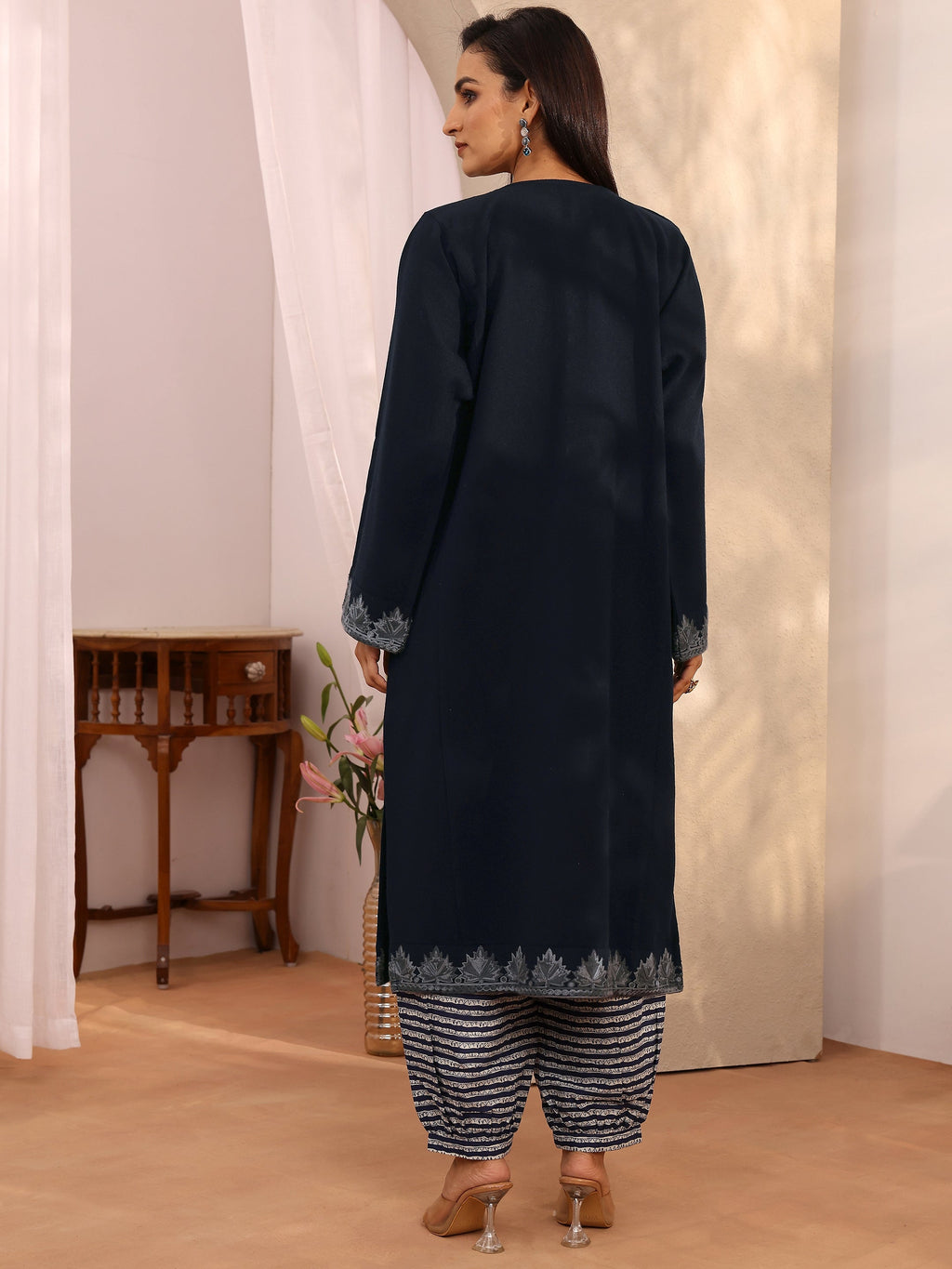 Libas Navy Blue Embroidered Wool Straight Kurta
