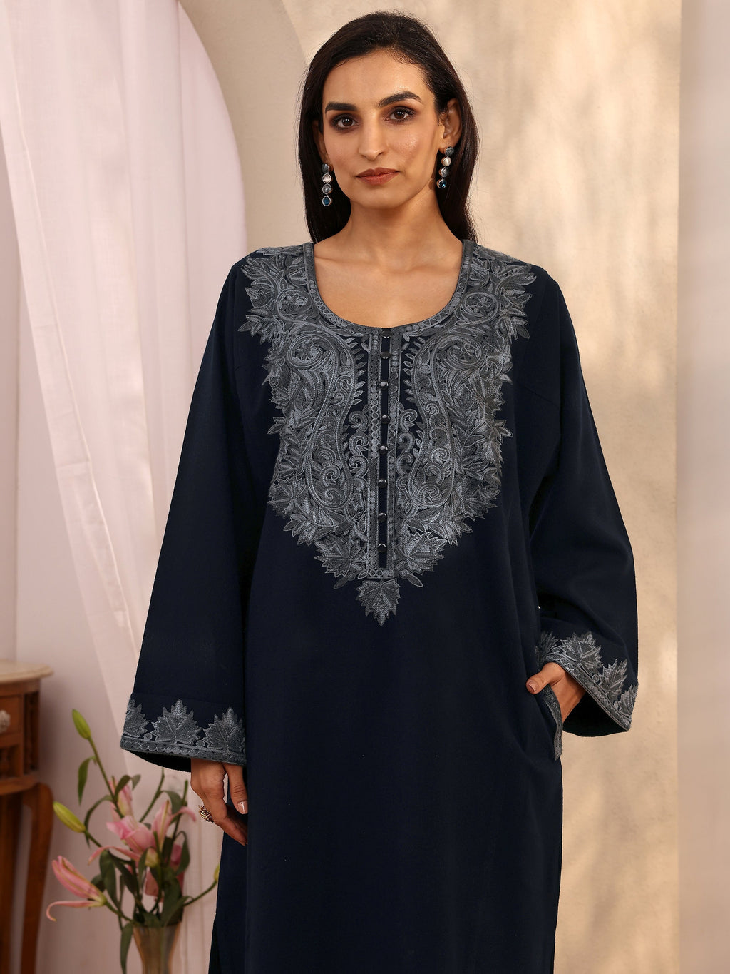Libas Navy Blue Embroidered Wool Straight Kurta