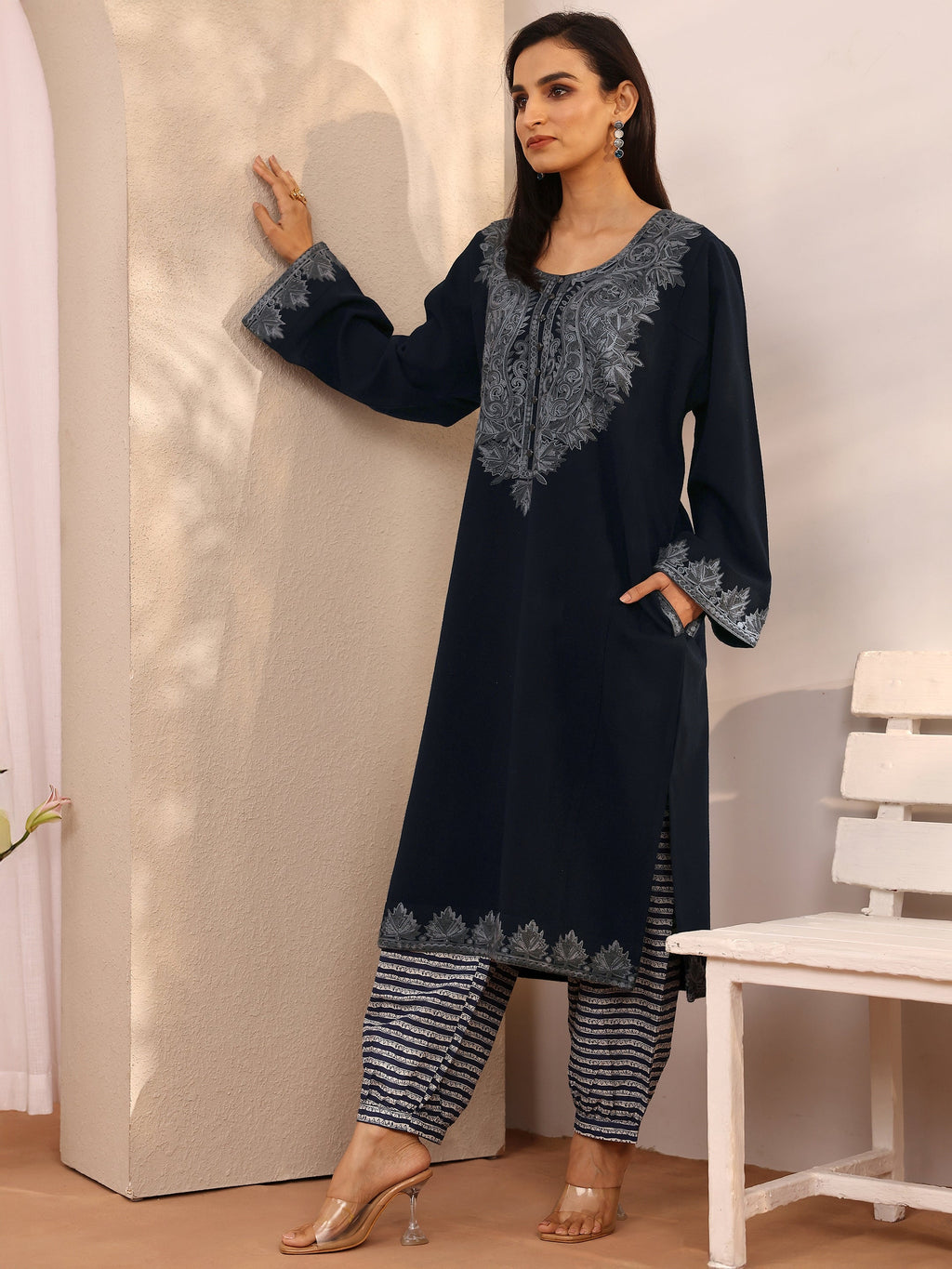 Libas Navy Blue Embroidered Wool Straight Kurta