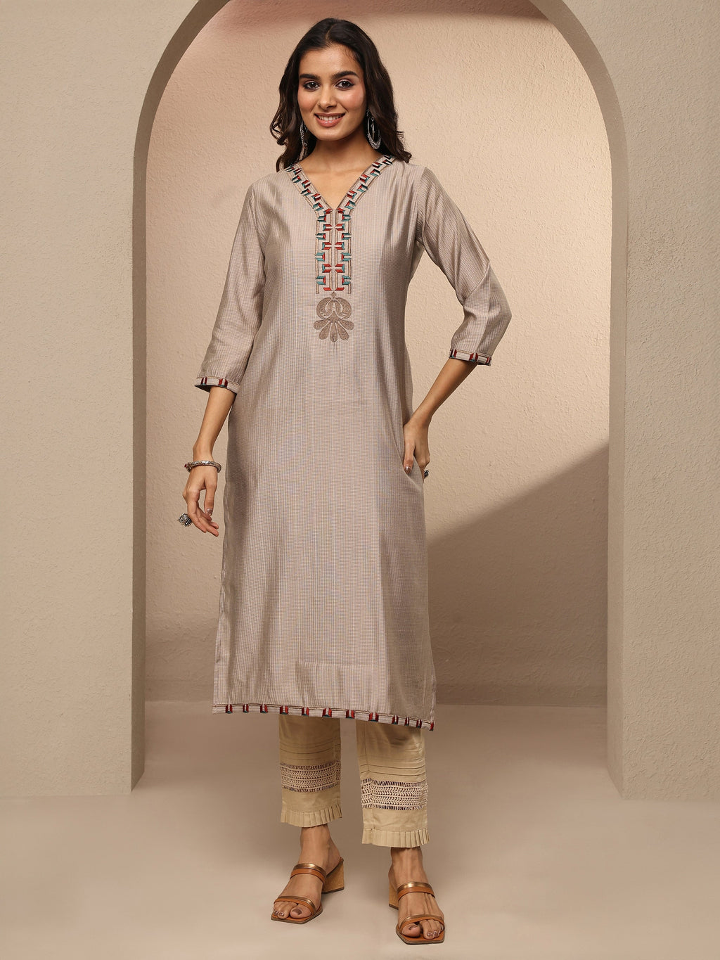Libas Taupe Embroidered Silk Blend Straight Kurta