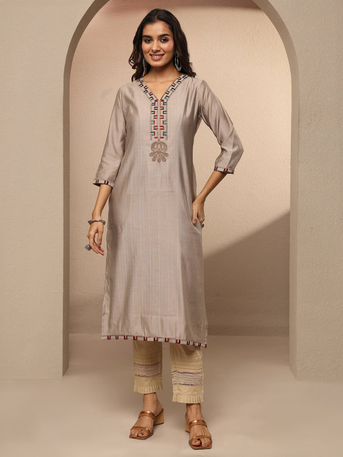 Libas Taupe Embroidered Silk Blend Straight Kurta