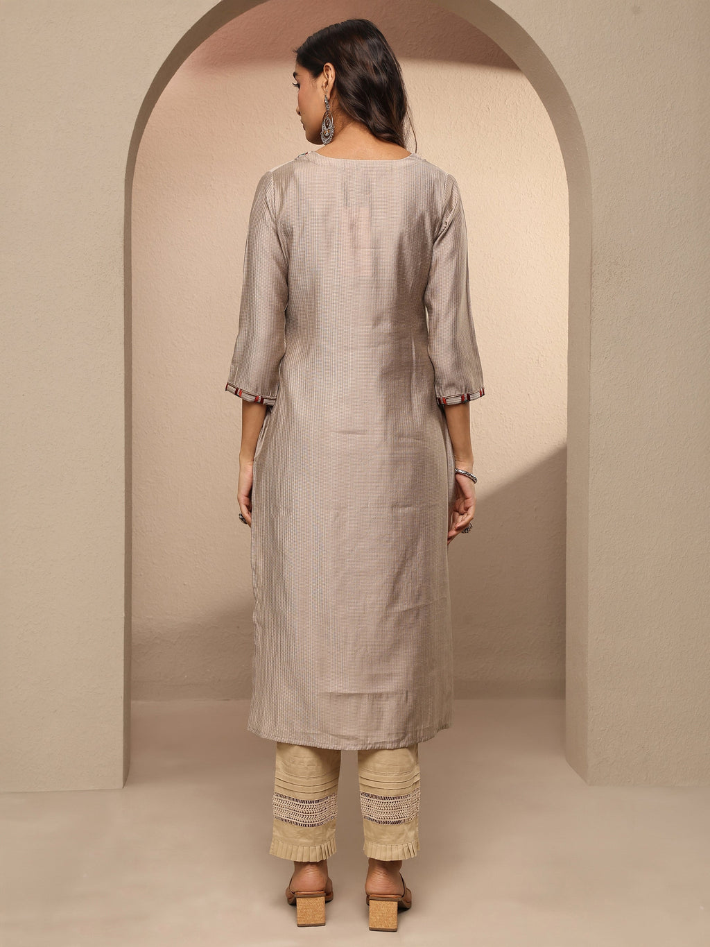 Libas Taupe Embroidered Silk Blend Straight Kurta