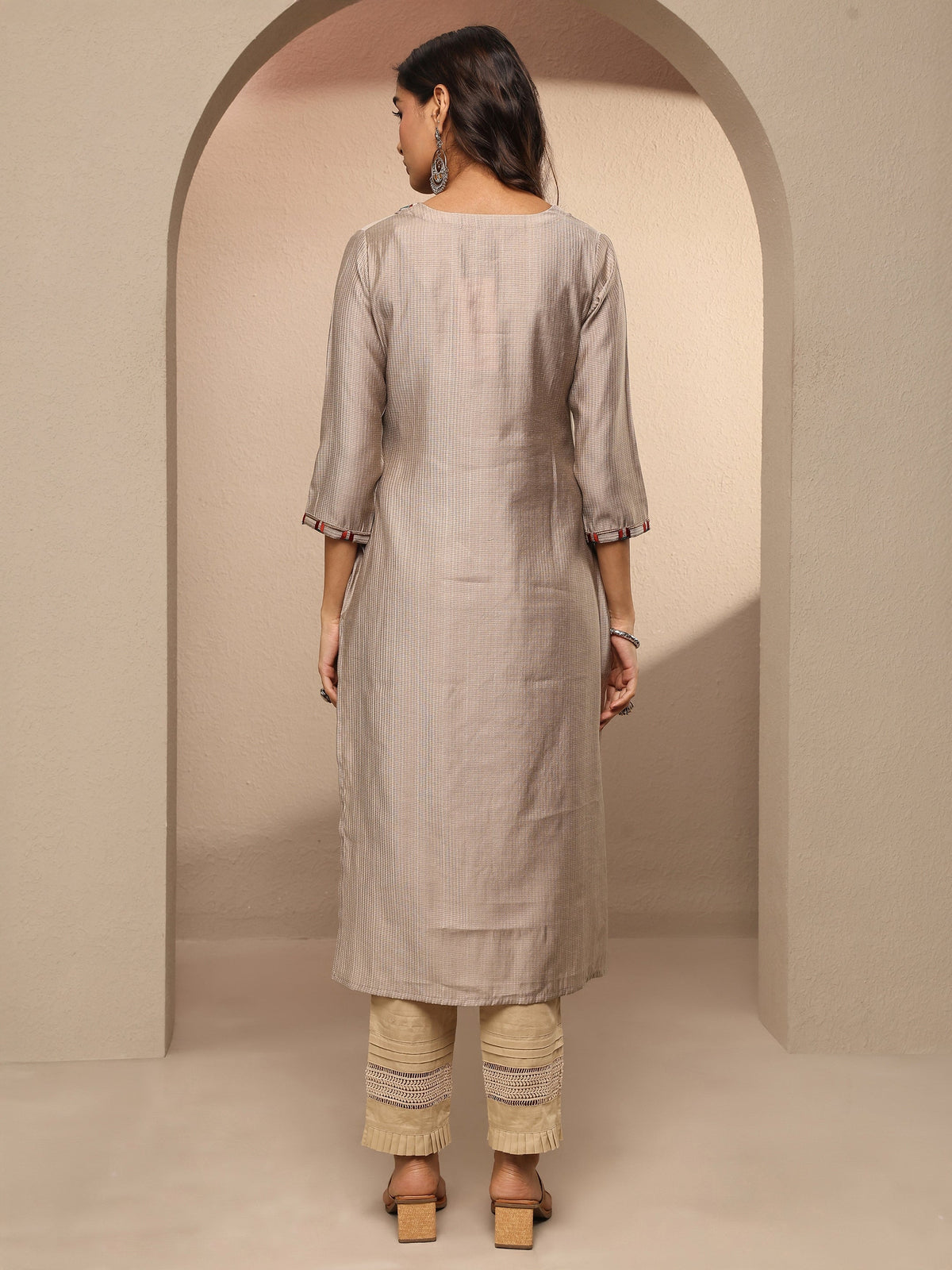 Libas Taupe Embroidered Silk Blend Straight Kurta