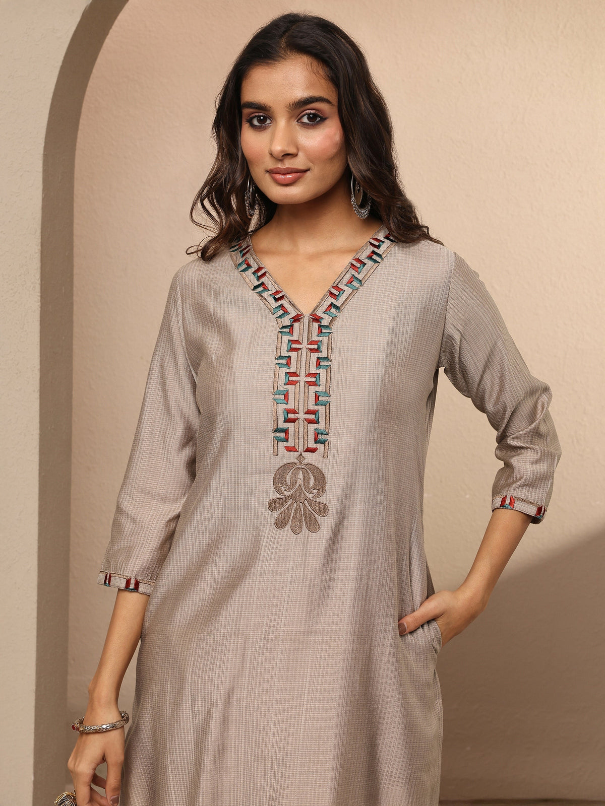 Libas Taupe Embroidered Silk Blend Straight Kurta