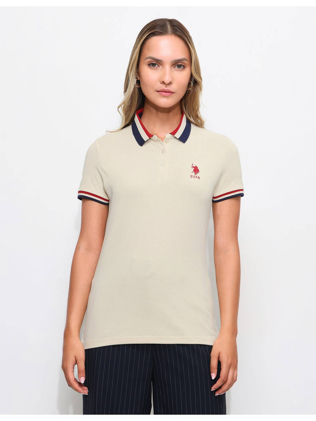 Off White Striped Collar Polo T-Shirt | PW43 - view 1