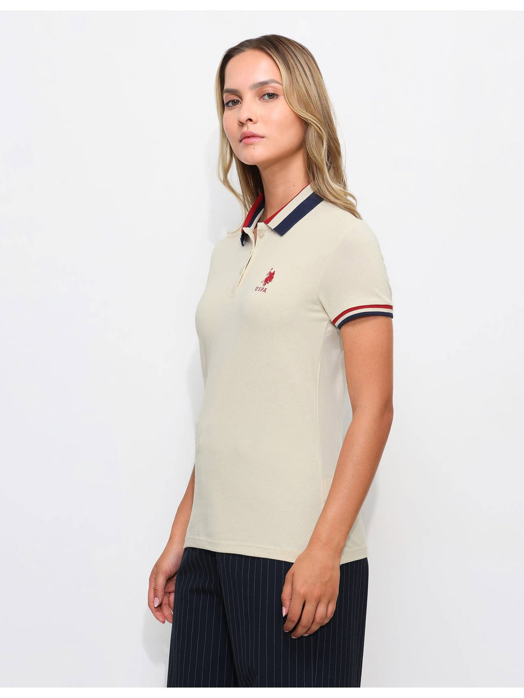Off White Striped Collar Polo T-Shirt | PW43 - view 4