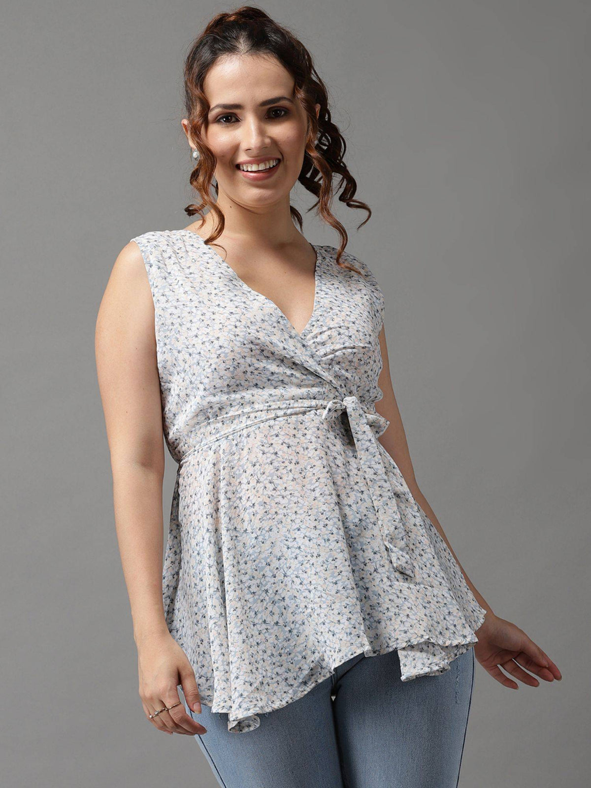 Womens Floral V-neck Blue Peplum Regular Top | pt51 - view 1