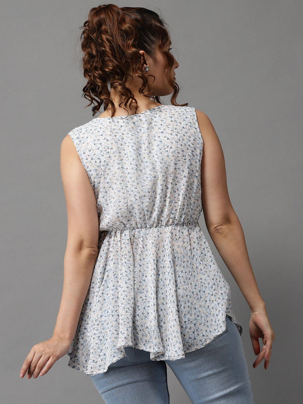 Womens Floral V-neck Blue Peplum Regular Top | pt51 - view 2