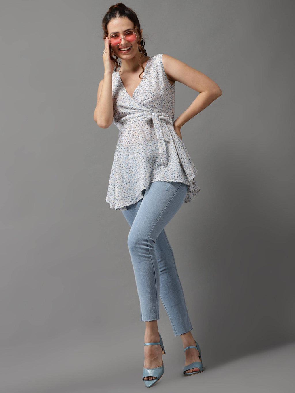 Womens Floral V-neck Blue Peplum Regular Top | pt51 - view 3