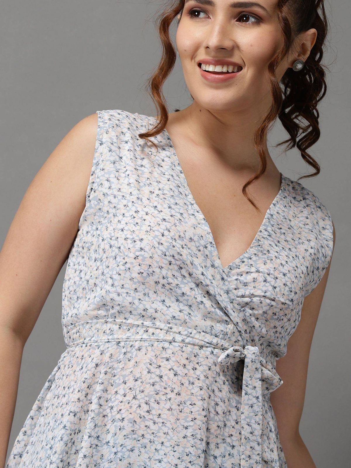 Womens Floral V-neck Blue Peplum Regular Top | pt51 - view 4