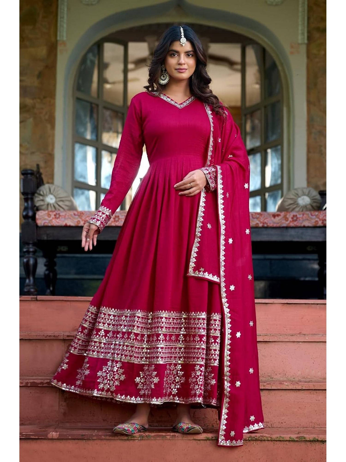 Women's Rani Pink Embroidered Anarkali Kurta with Dupatta | FY93 - view 1