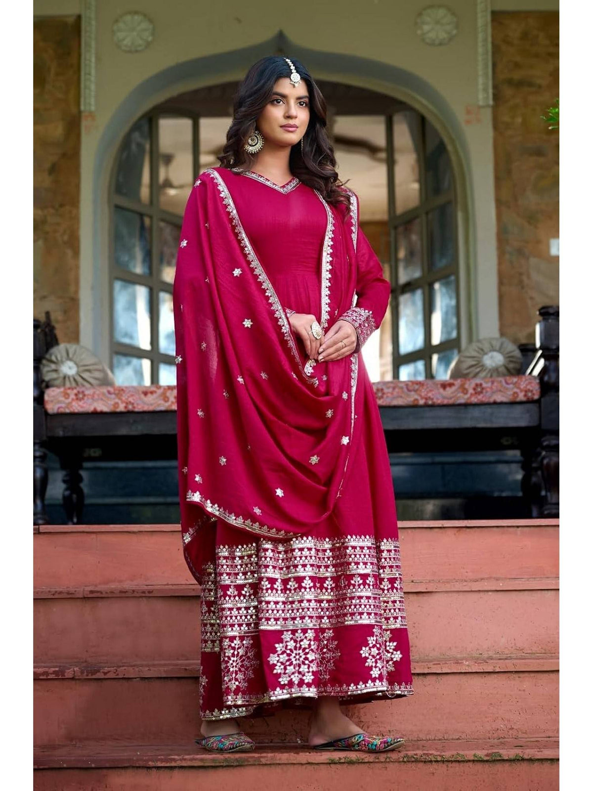 Women's Rani Pink Embroidered Anarkali Kurta with Dupatta | FY93 - view 2