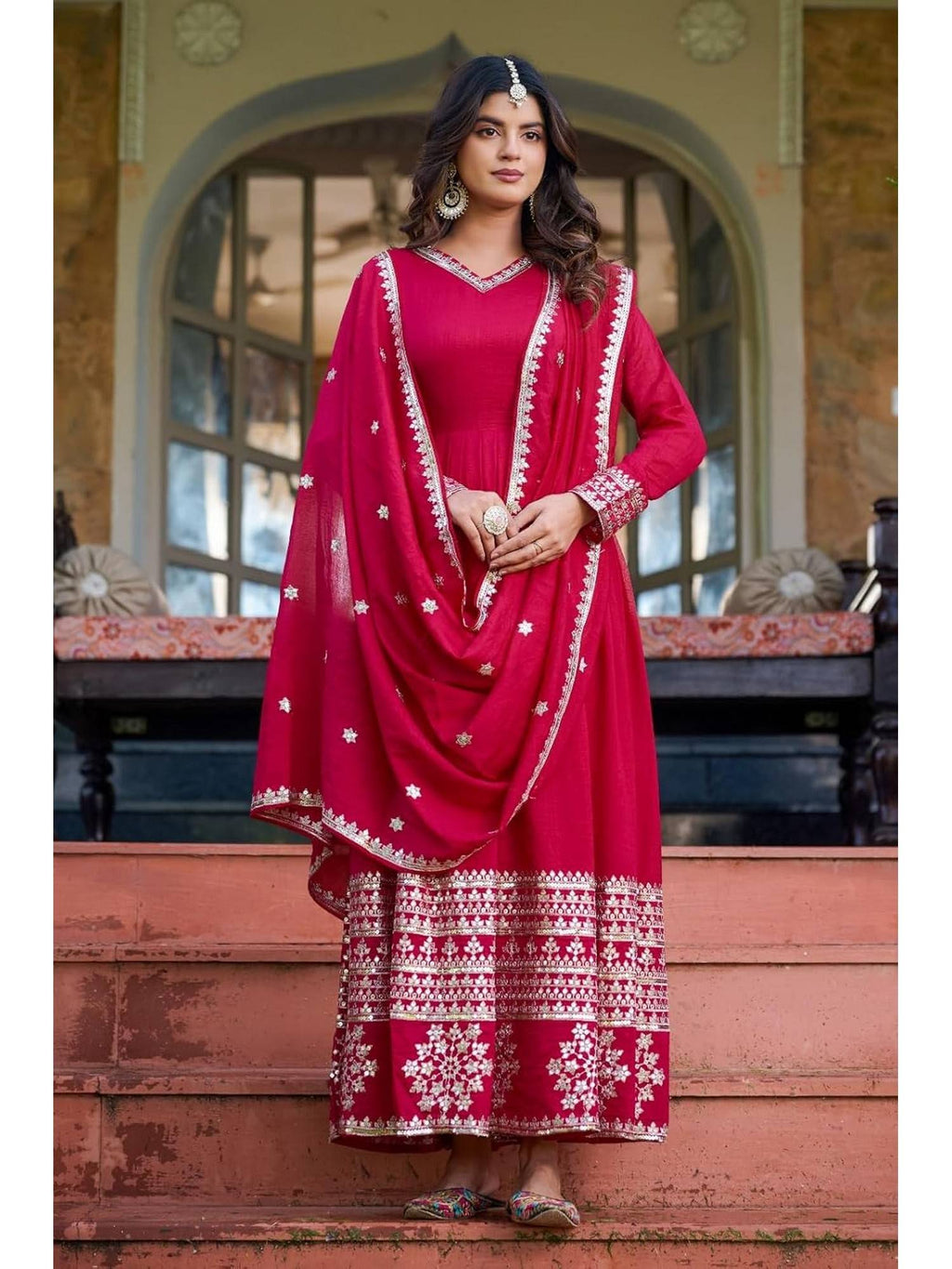 Women's Rani Pink Embroidered Anarkali Kurta with Dupatta | FY93 - view 3