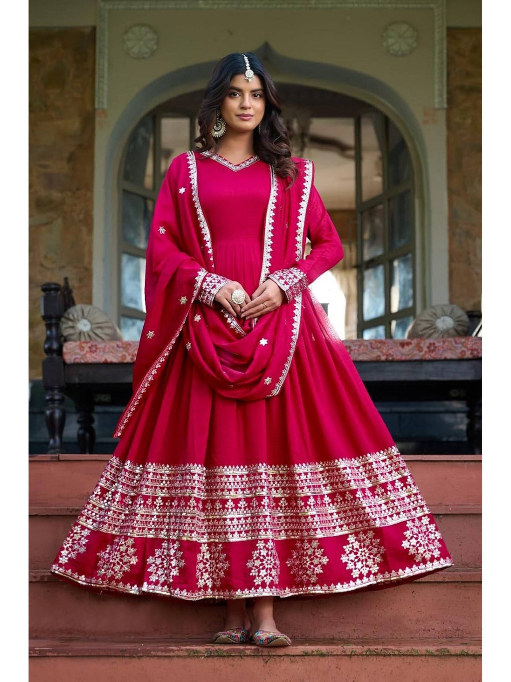 Women's Rani Pink Embroidered Anarkali Kurta with Dupatta | FY93 - view 4