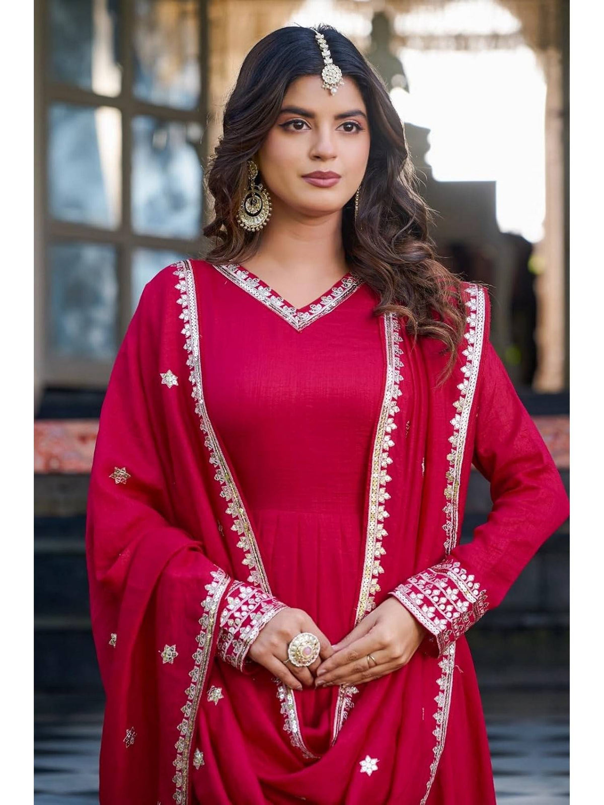 Women's Rani Pink Embroidered Anarkali Kurta with Dupatta | FY93 - view 5