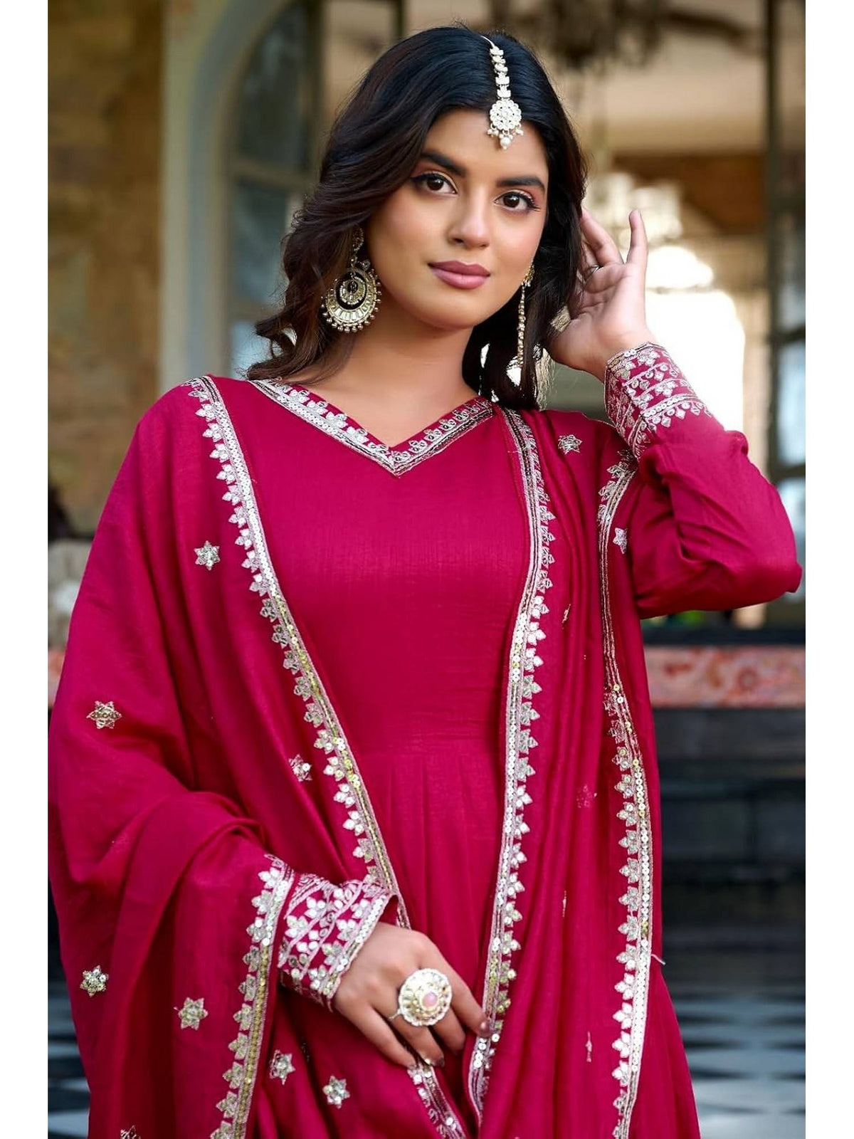 Women's Rani Pink Embroidered Anarkali Kurta with Dupatta | FY93 - view 6