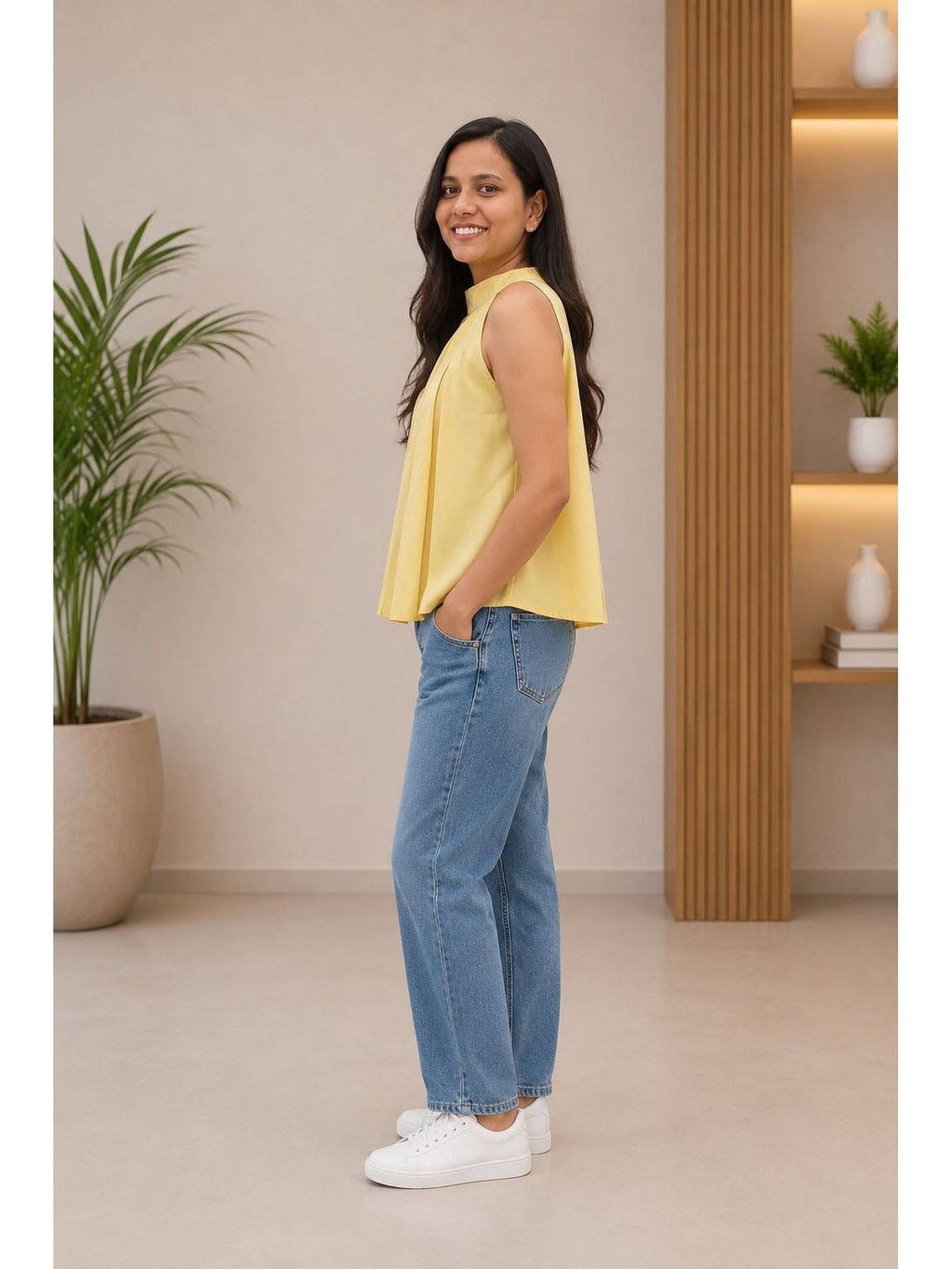 Yellow Solid Sleeveless Pleated Top | HT67 - view 2