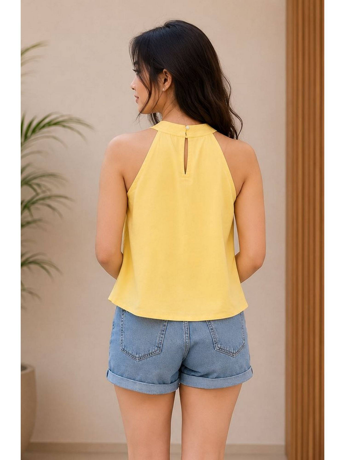 Yellow Solid Sleeveless Pleated Top | HT67 - view 3
