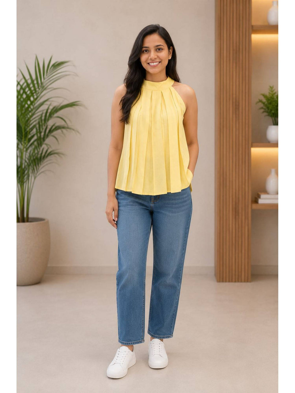 Yellow Solid Sleeveless Pleated Top | HT67 - view 4