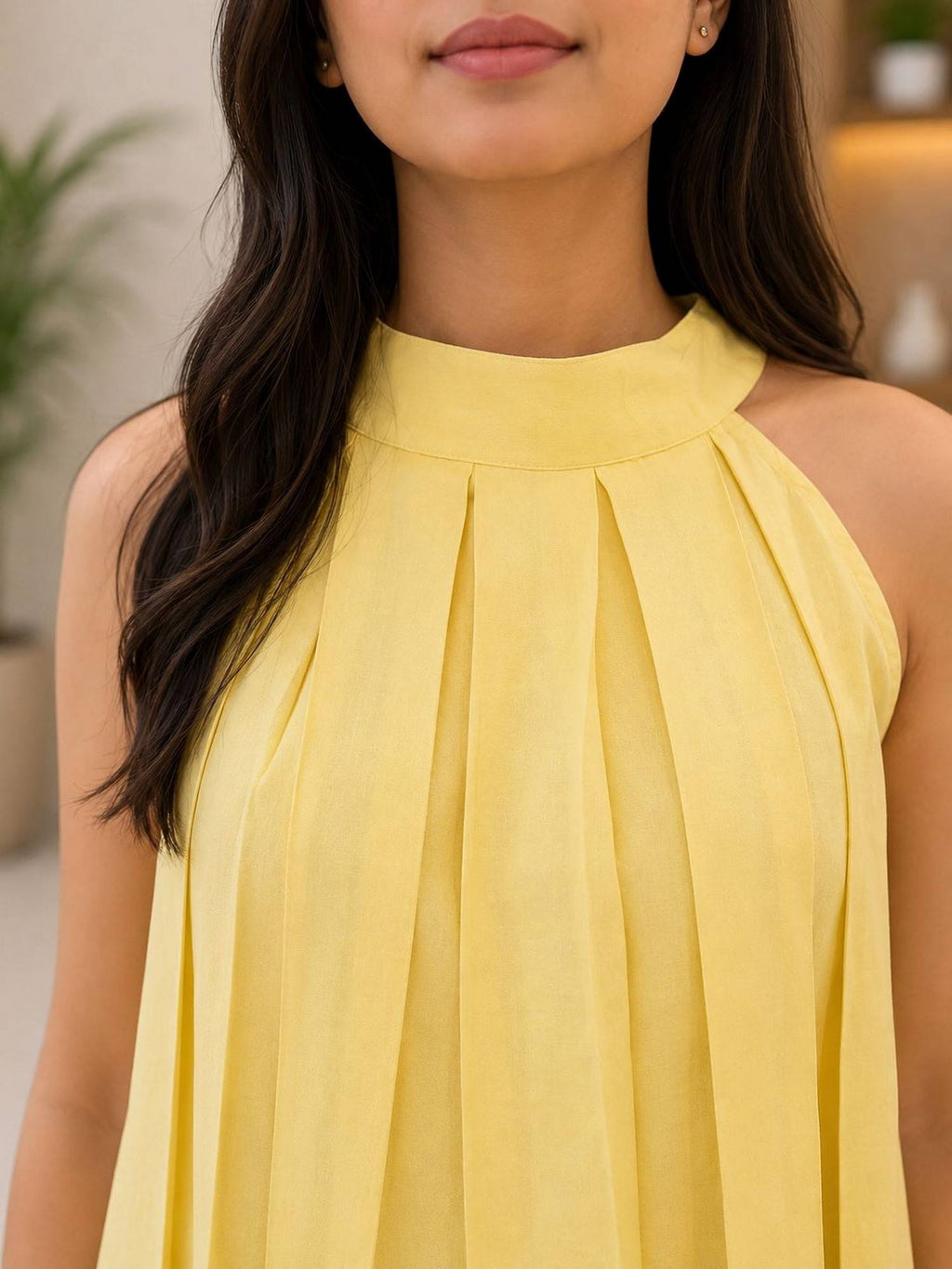 Yellow Solid Sleeveless Pleated Top | HT67 - view 5