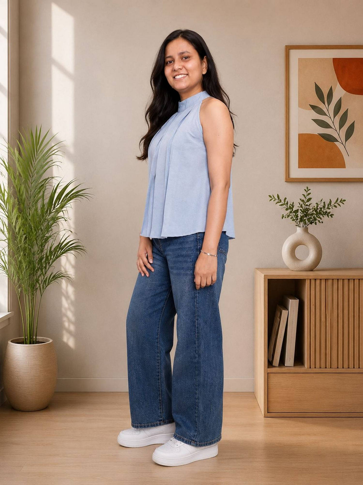 Yellow Solid Sleeveless Pleated Top | HT67 - view 7