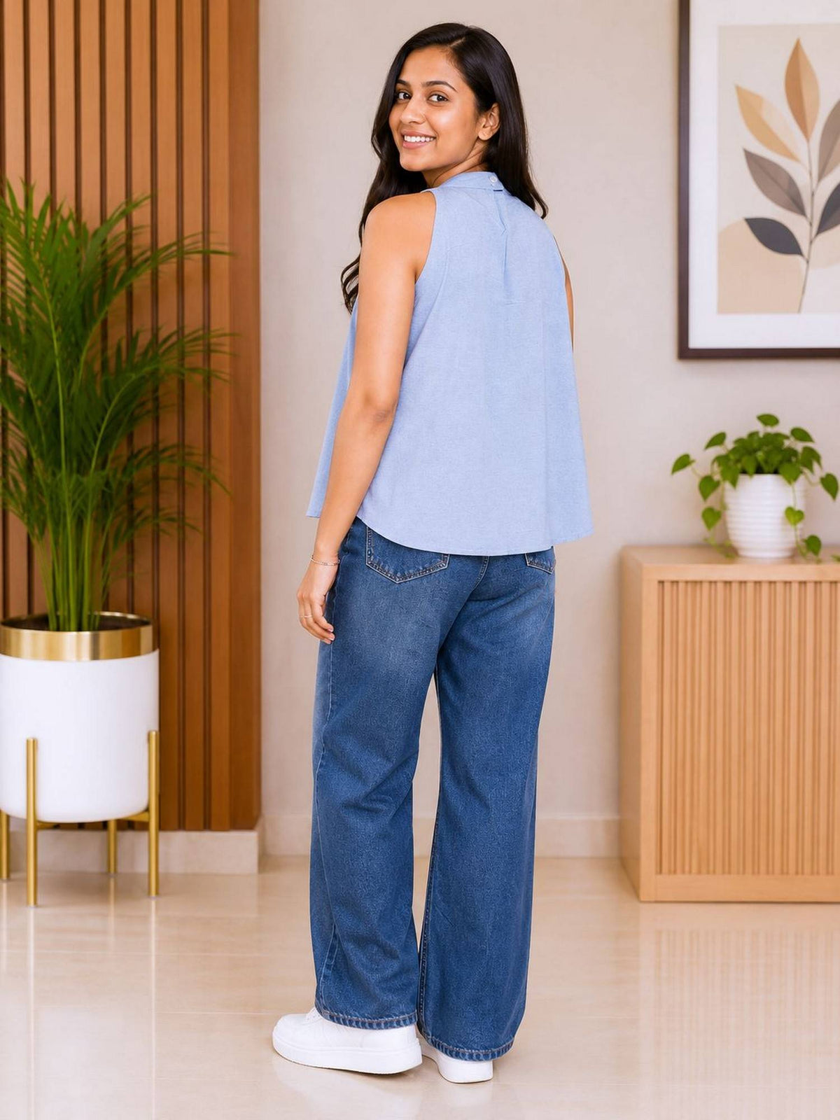 Blue Solid Sleeveless Pleated Top | HT67 - view 3