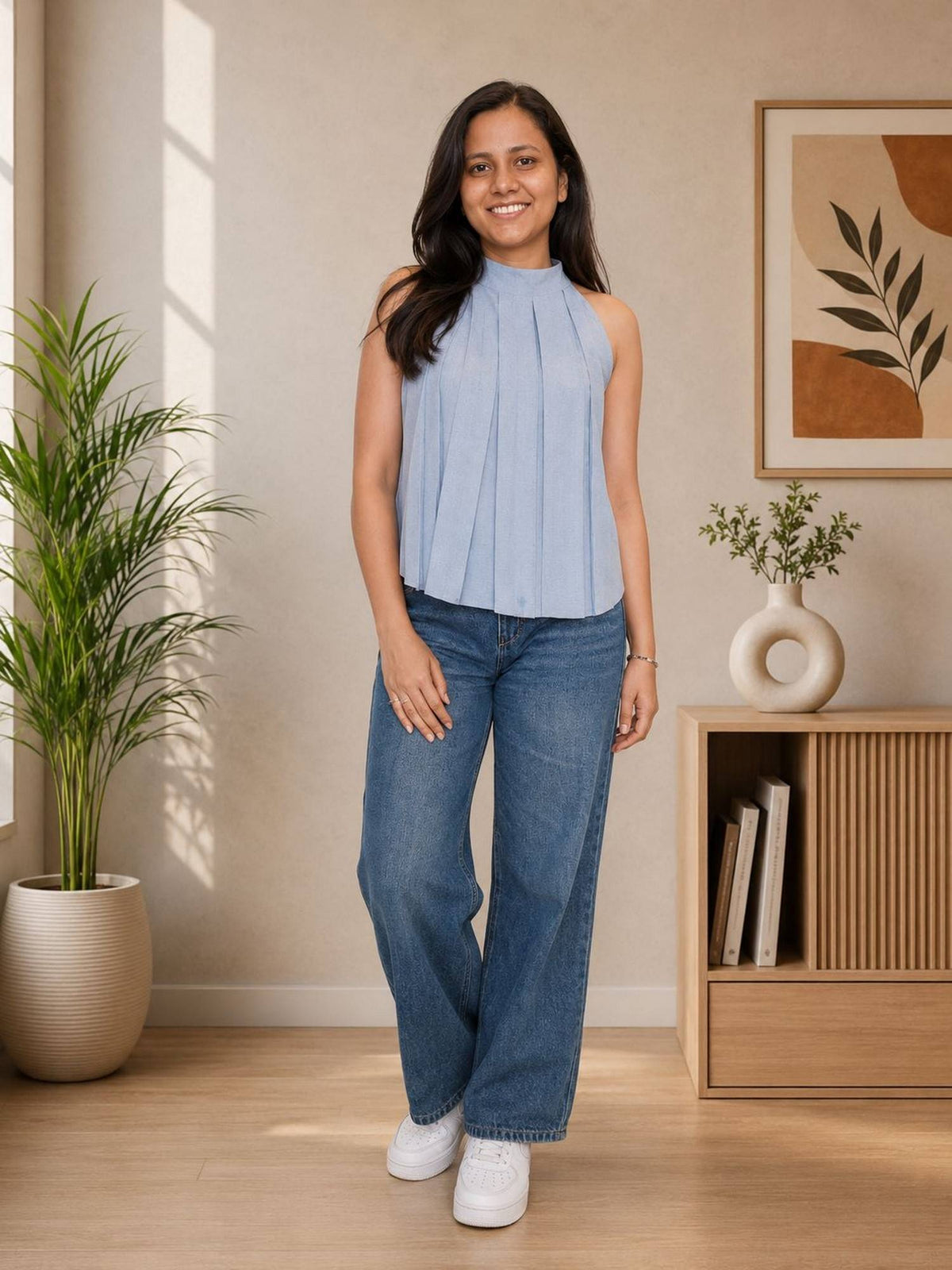 Blue Solid Sleeveless Pleated Top | HT67 - view 4