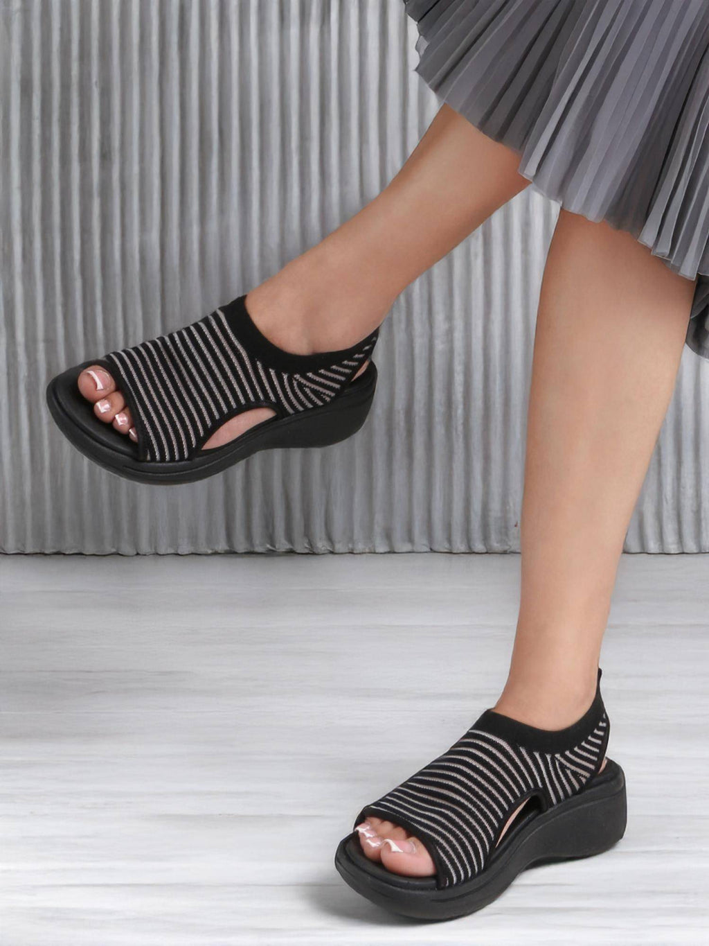 Women Black Knitted Slip-On Wedge Sandals | SD89 - view 1