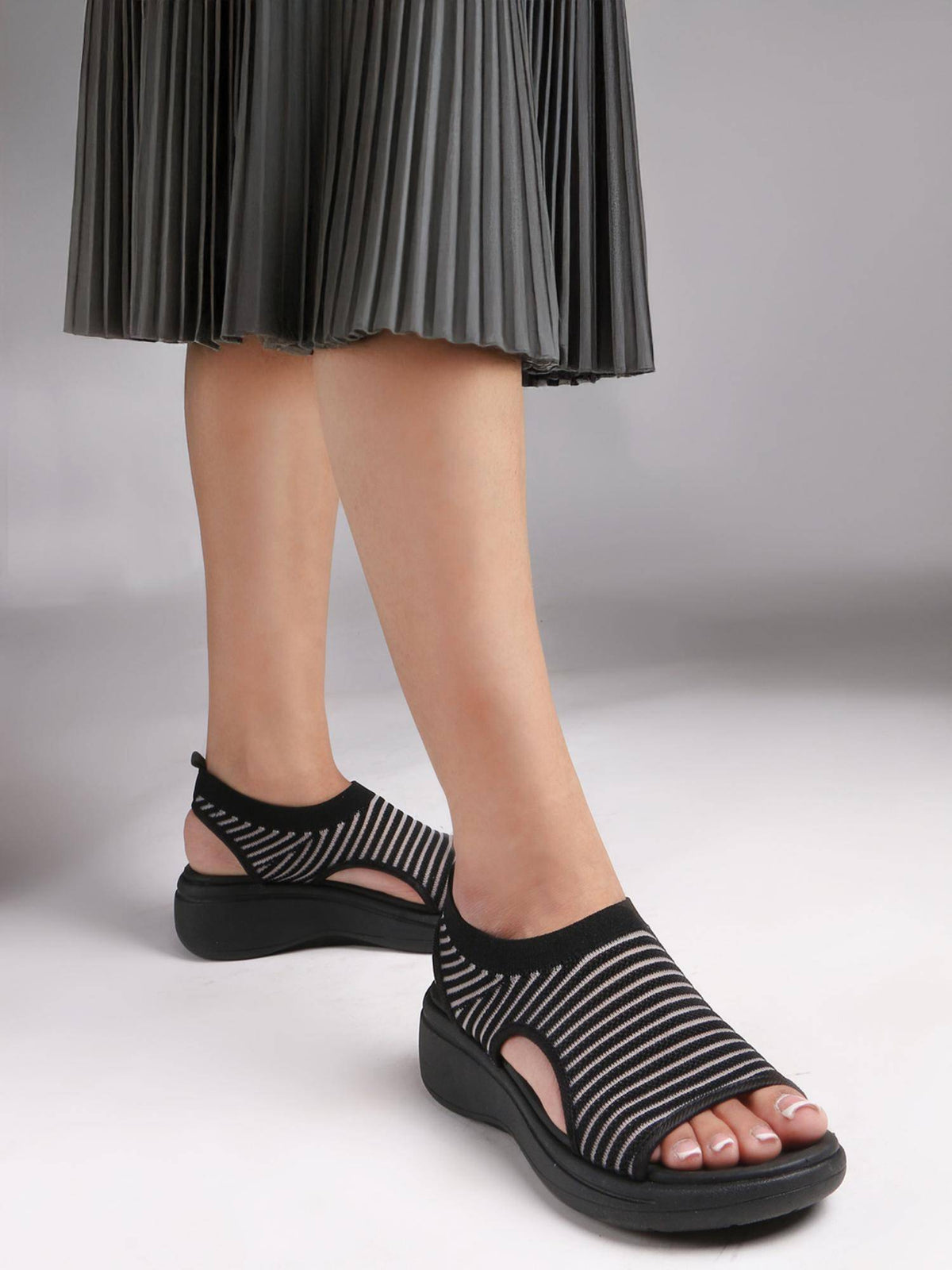 Women Black Knitted Slip-On Wedge Sandals | SD89 - view 2